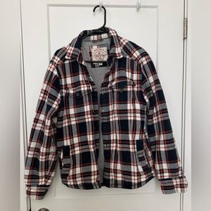 Men's Plaid Jean Jacket - Red, White, and Blue size Small
